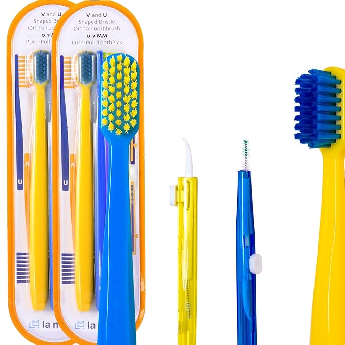 LA MIERE V-Shaped + U-Shaped Orthodontic Toothbrush Soft Bristle (2pcs) with Telescopic Intertooth Brush (2pcs), Cepillo Ortodoncia 1 Set