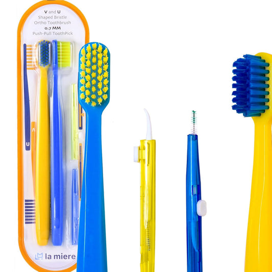 LA MIERE V-Shaped + U-Shaped Orthodontic Toothbrush Soft Bristle (2pcs) with Telescopic Intertooth Brush (2pcs), Cepillo Ortodoncia 1 Set